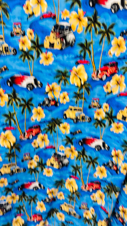 New palms trees and flames cars design print on nylon spandex 4-way stretch 58/60” Sold by the YD. Ships worldwide from Los Angeles CA