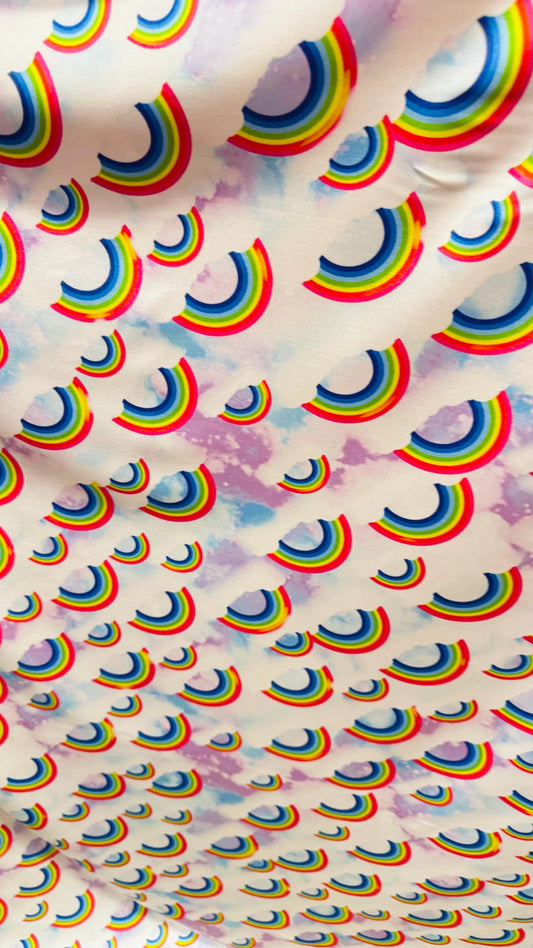 New Rainbow Clouds design  print on nylon spandex 4way Stretch 58/60" Sold by the YD. Ships worldwide from Los Ángeles California USA.