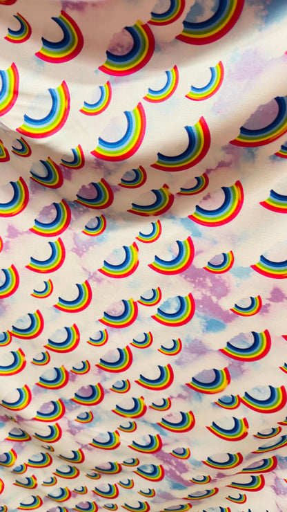 New Rainbow Clouds design  print on nylon spandex 4way Stretch 58/60" Sold by the YD. Ships worldwide from Los Ángeles California USA.