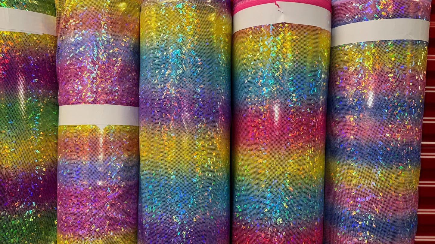Rainbow Design hologram Shattered Glass metallic nylon spandex 4-way stretch 58/60" Sold by the YD.  Ships worldwide From Los Angeles CA USA