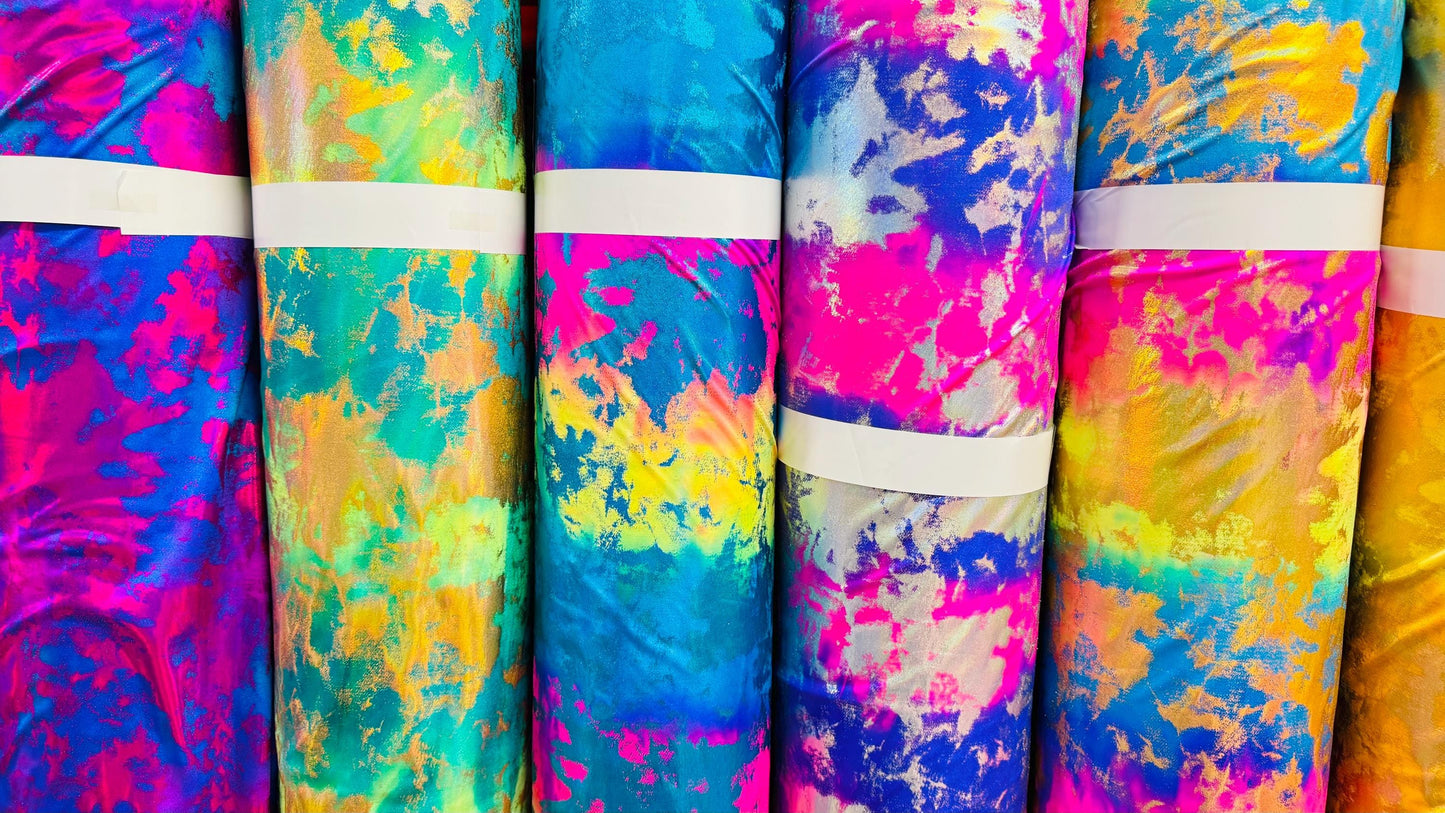 New Splattered lava abstract design Iridescent metallic nylon spandex 4-way stretch 58/60" Sold by the YD. Ships worldwide from Los Angeles