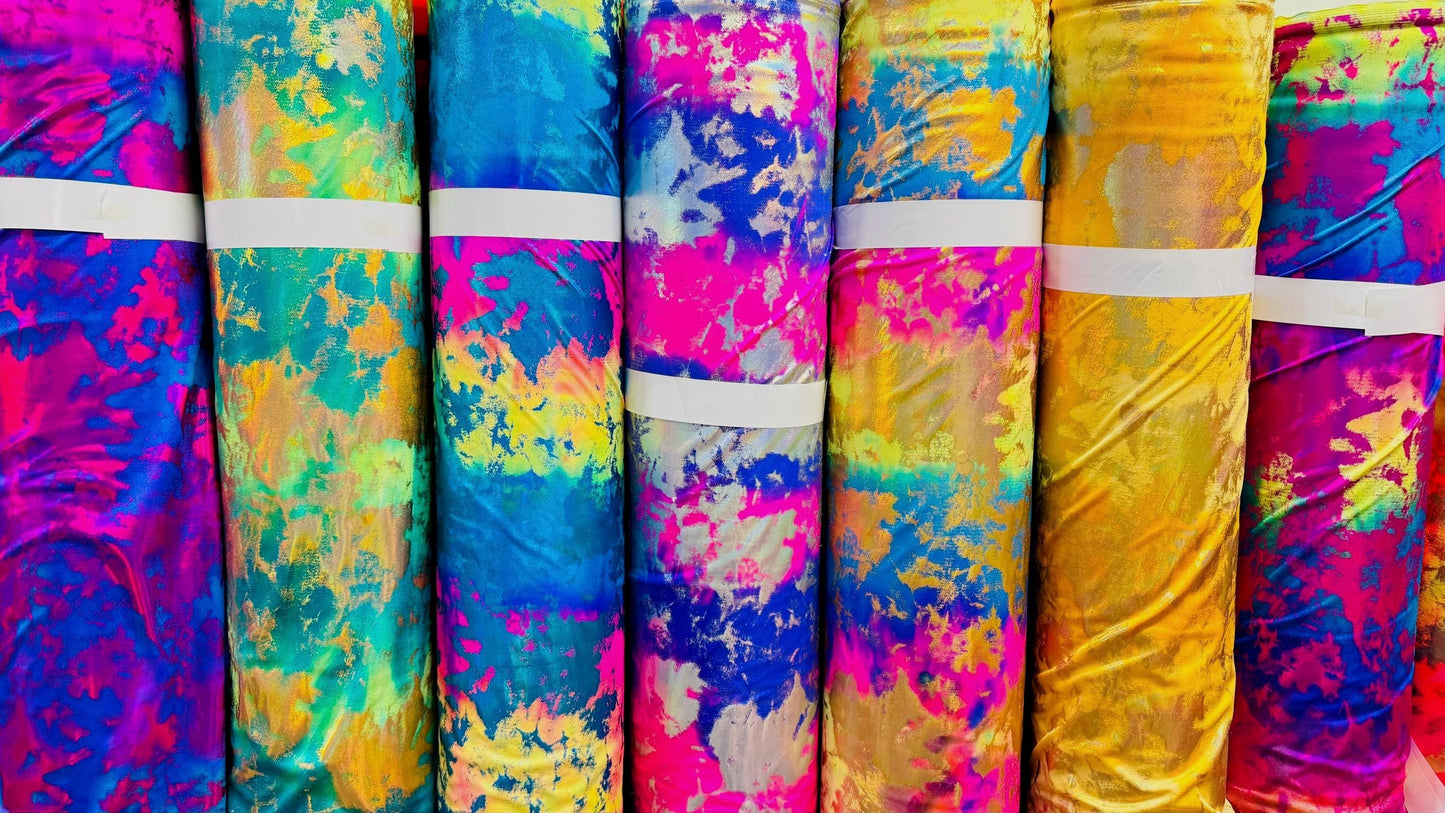 New Splattered lava abstract design Iridescent metallic nylon spandex 4-way stretch 58/60" Sold by the YD. Ships worldwide from Los Angeles
