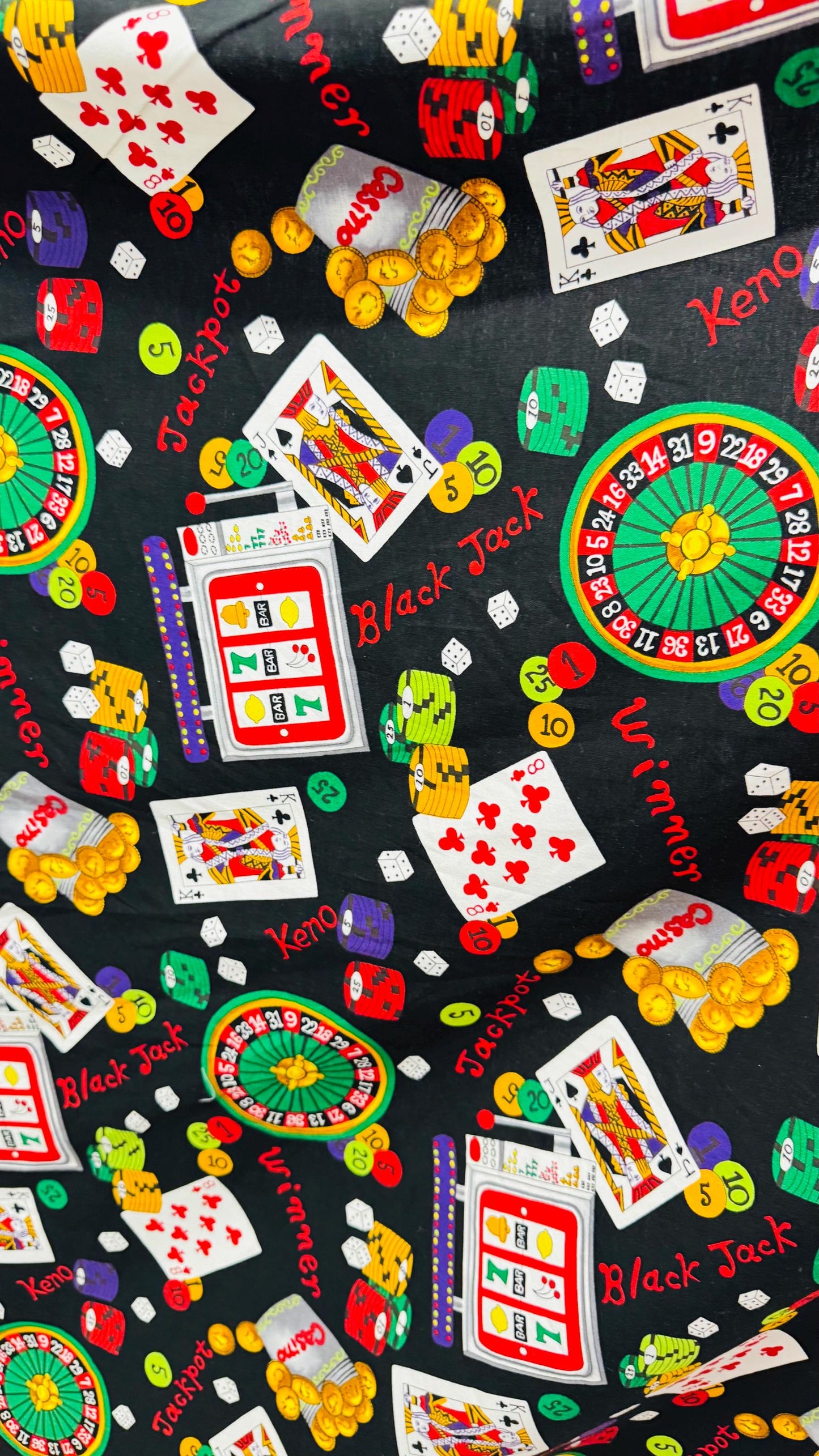100% cotton Casino Vegas design print on great quality of cotton soft fabric 44/45” Sold by the YD. Ships worldwide from Los Angeles CA USA