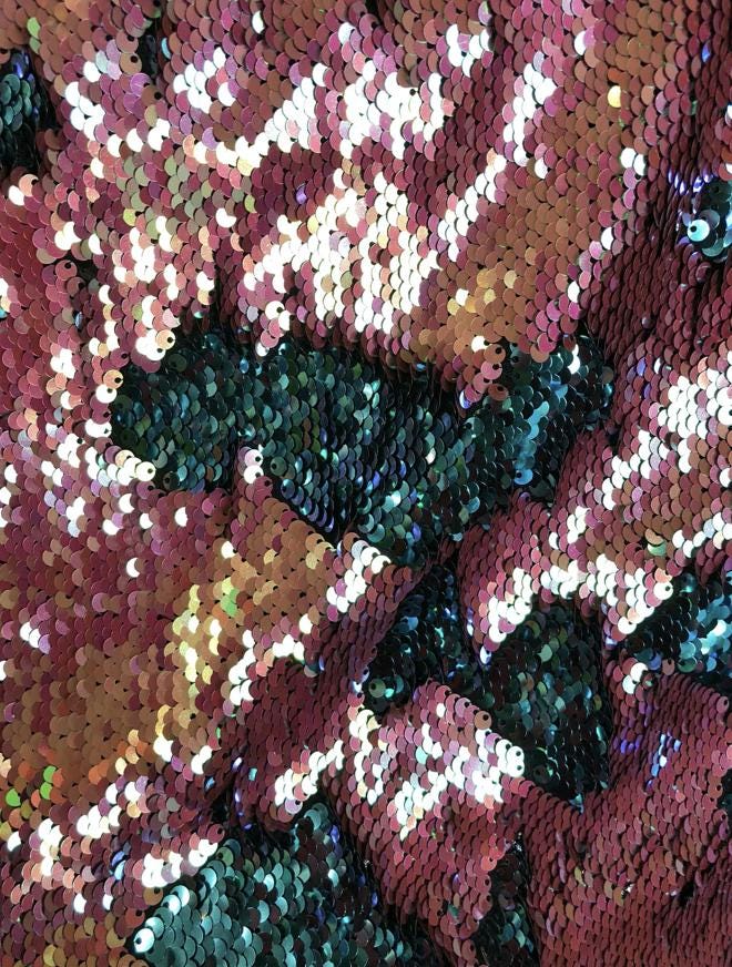 New dusty rose/turquoise flip up sequins on nylon base 2way Stretch 58/60" Sold by the YD. Ships worldwide from Los Ángeles California USA.