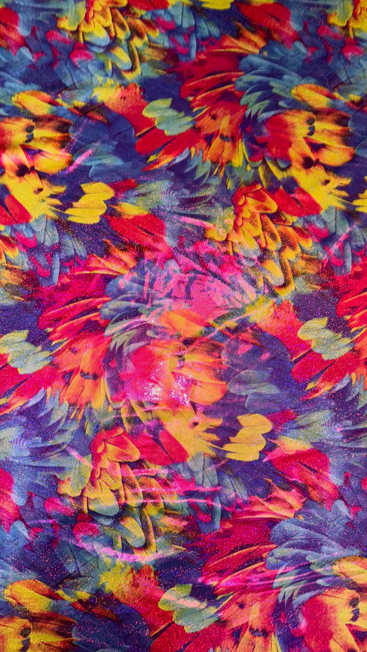 Feathers design print on nylon spandex with hologram foggy foil  4way Stretch 58/60" Sold by the YD. Ships worldwide from Los Angeles CA USA