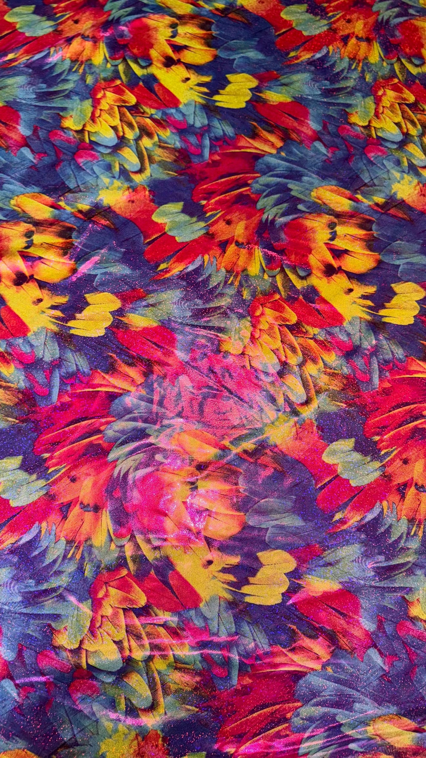 Feathers design print on nylon spandex with hologram foggy foil  4way Stretch 58/60" Sold by the YD. Ships worldwide from Los Angeles CA USA