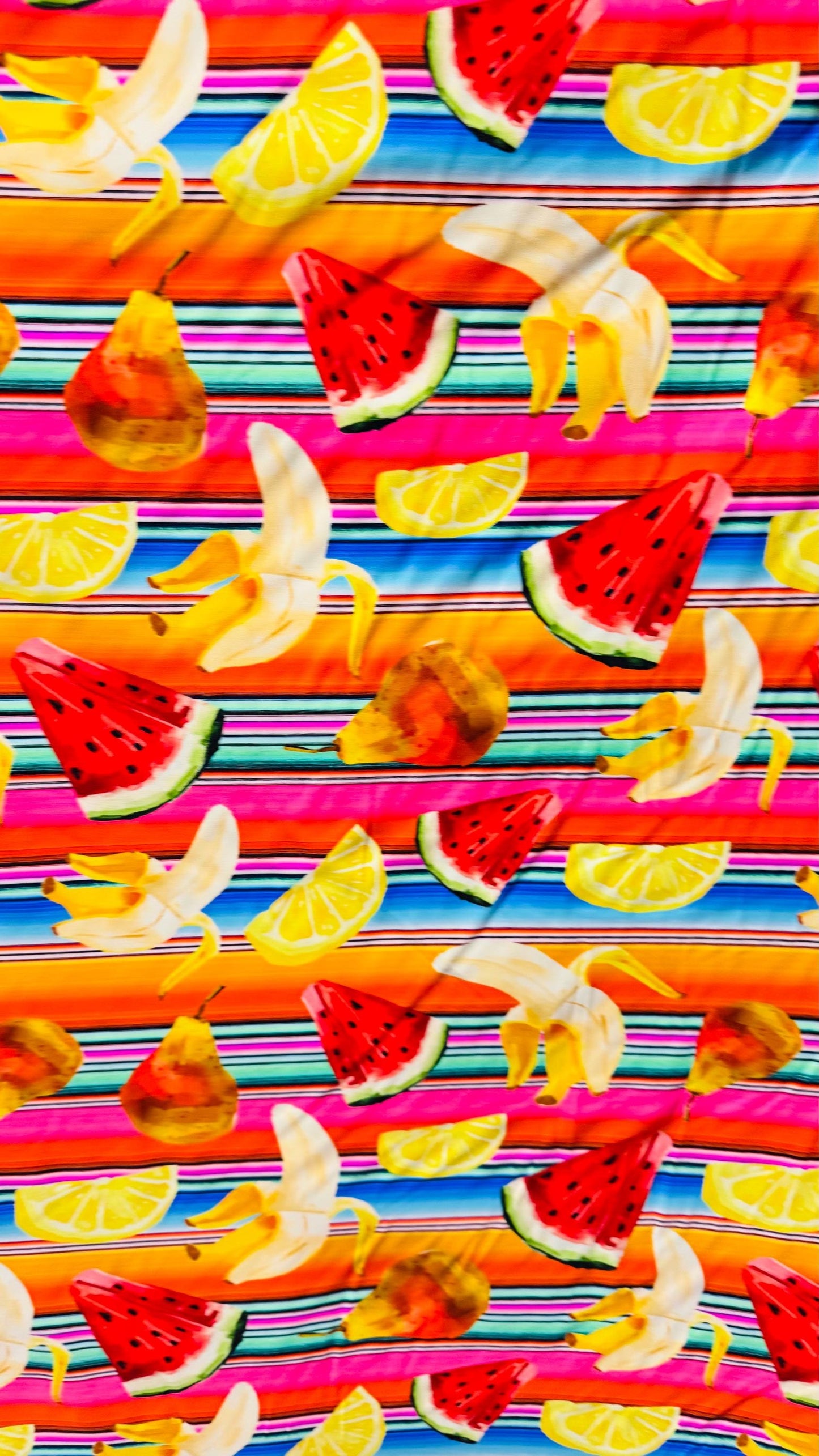 New watermelon and Banana design print on heavy nylon spandex  4way stretch 58/60" Sold by the YD. Ships worldwide from Los Angeles Californ