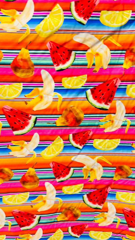 New watermelon and Banana design print on heavy nylon spandex  4way stretch 58/60" Sold by the YD. Ships worldwide from Los Angeles Californ