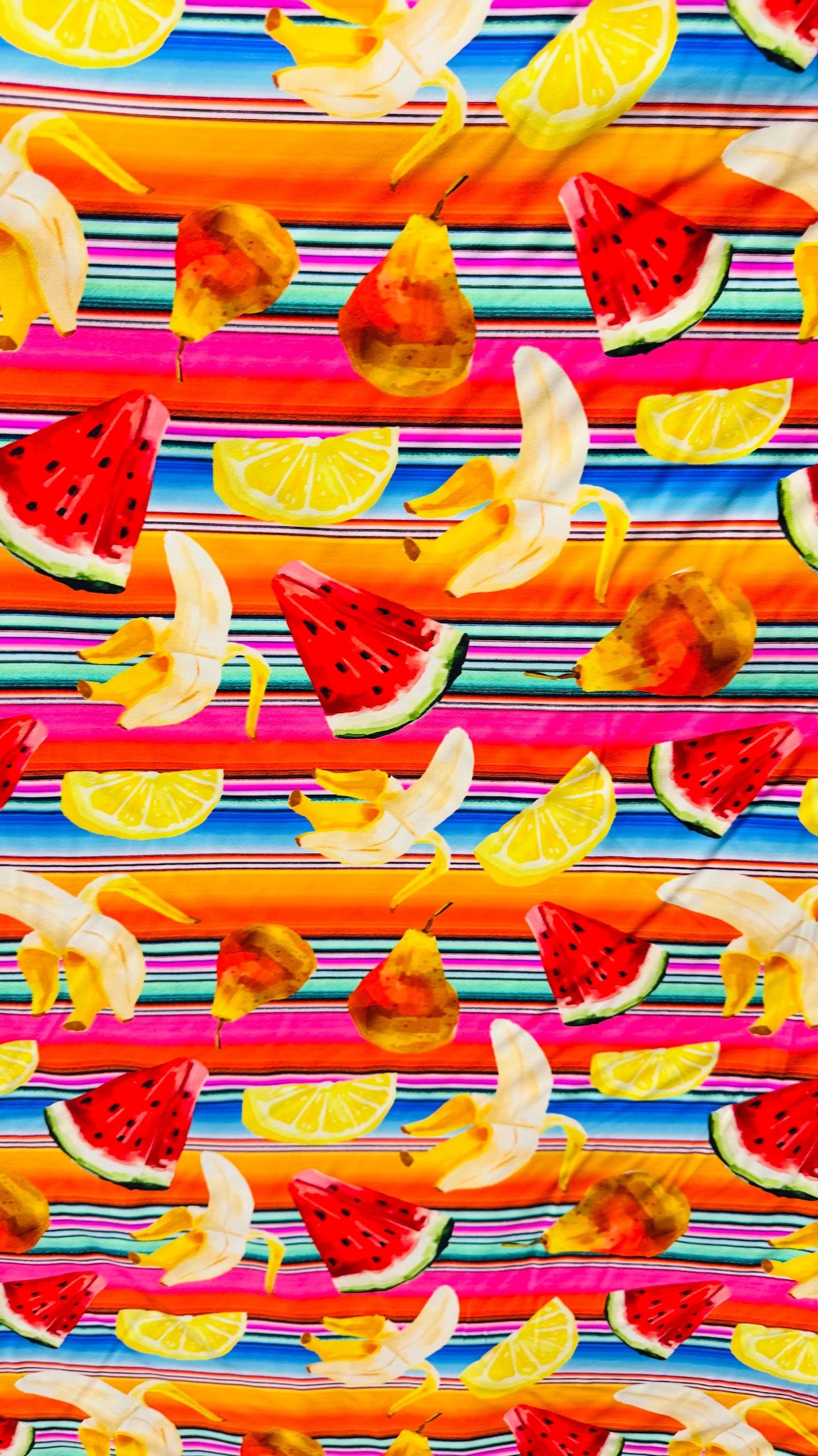 New watermelon and Banana design print on heavy nylon spandex  4way stretch 58/60" Sold by the YD. Ships worldwide from Los Angeles Californ