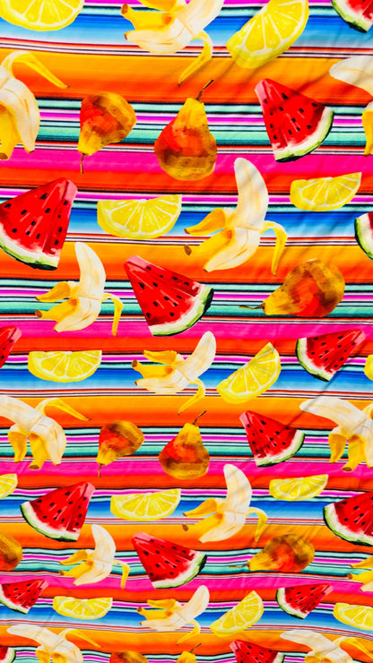 New watermelon and Banana design print on heavy nylon spandex  4way stretch 58/60" Sold by the YD. Ships worldwide from Los Angeles Californ