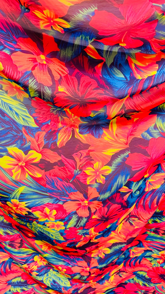 New Hawaiian Tropical design Multicolor print on great quality of high multi chiffon silky quality non stretch 58/60” Sold by the YD.