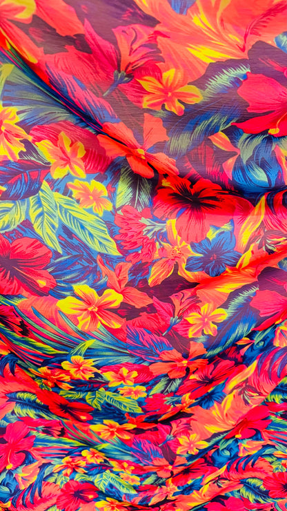 New Hawaiian Tropical design Multicolor print on great quality of high multi chiffon silky quality non stretch 58/60” Sold by the YD.