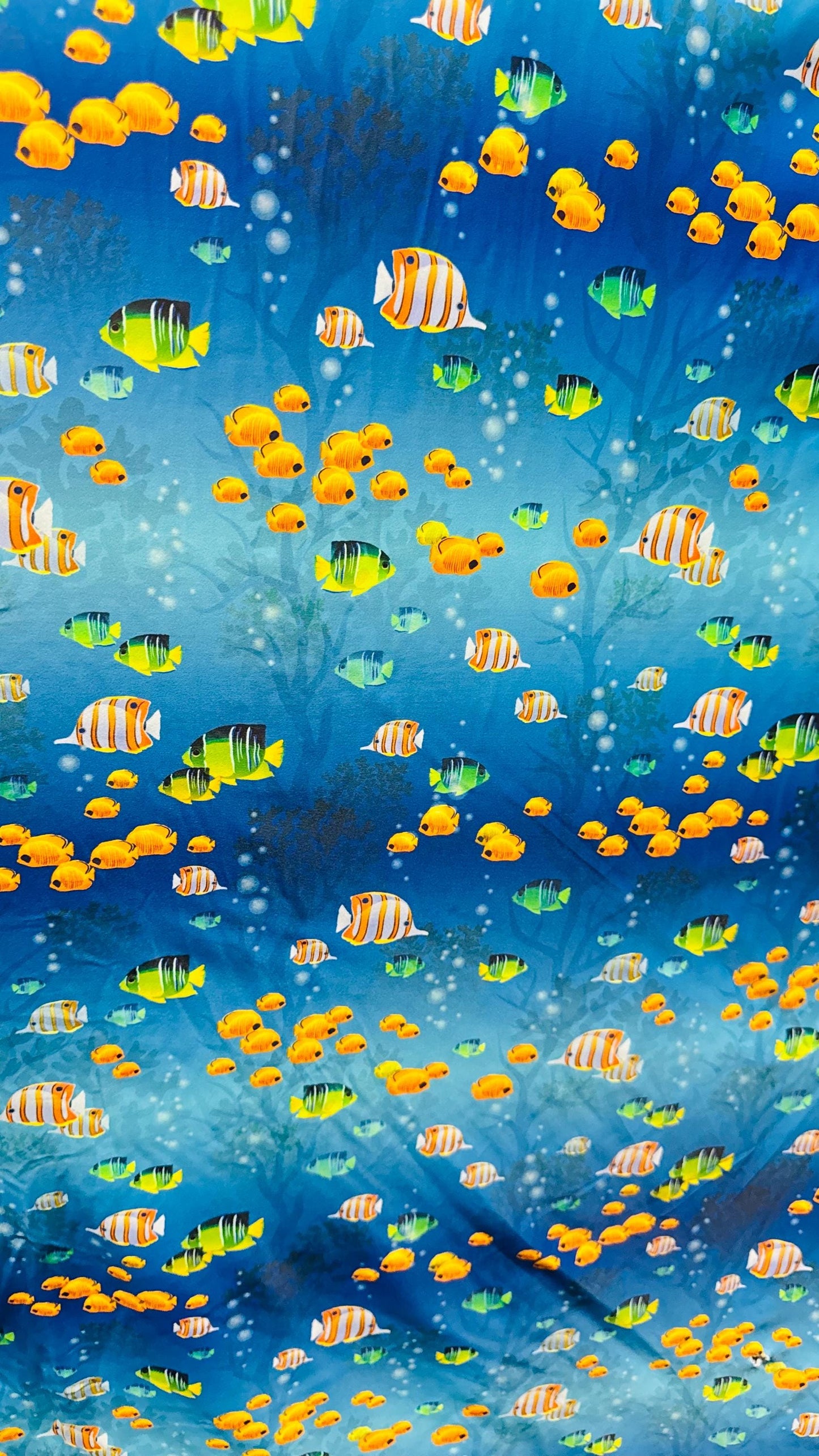 Aquarium design Blue/Multicolor print in nylon  spandex 4way stretch 58/60" sold by the yd. Ships worldwide from Los Angeles California USA