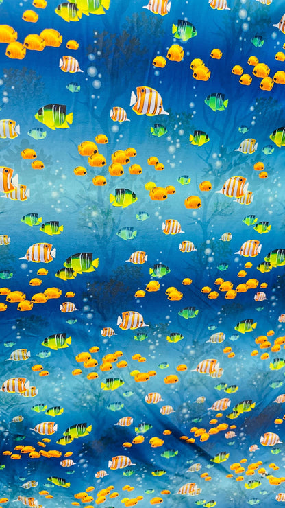 Aquarium design Blue/Multicolor print in nylon  spandex 4way stretch 58/60" sold by the yd. Ships worldwide from Los Angeles California USA