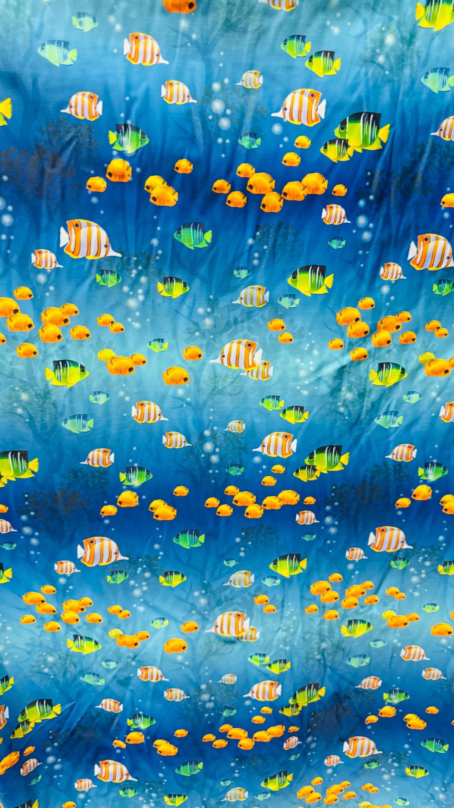 Aquarium design Blue/Multicolor print in nylon  spandex 4way stretch 58/60" sold by the yd. Ships worldwide from Los Angeles California USA