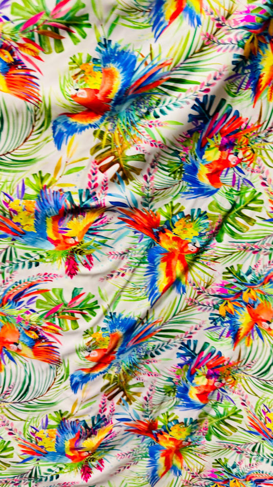 New Parrot tropical design multicolor great quality of nylon spandex 4-way stretch 58/60” Sold by the YD. Ships worldwide From Los Angeles