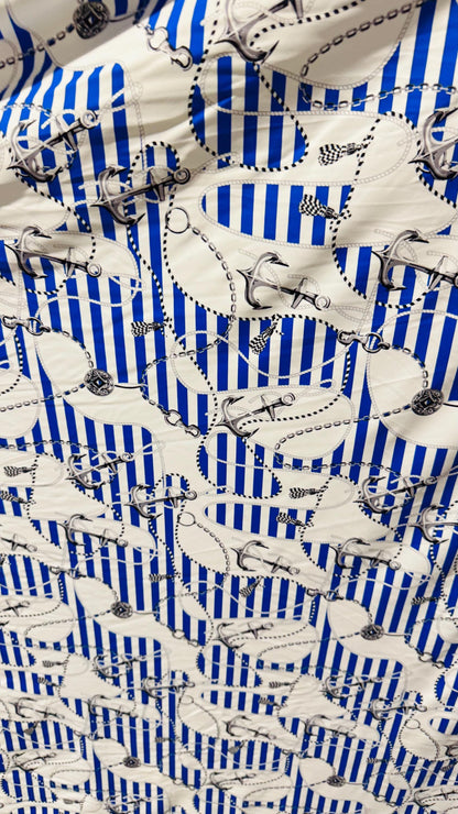 New Anchor Stripes design Blue/White great quality of nylon spandex 4-way stretch 58/60” Sold by the YD. Ships worldwide From Los Angeles