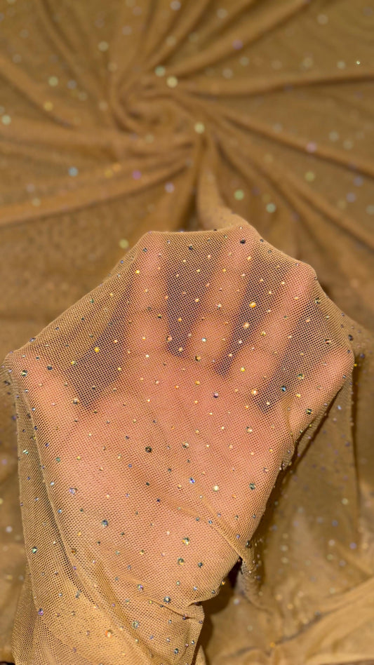 Luxury Dew Drops/Rhinestone on stretch Dk Nude  power mesh nylon spandex 4-way stretch 58/60” Sold by the YD.