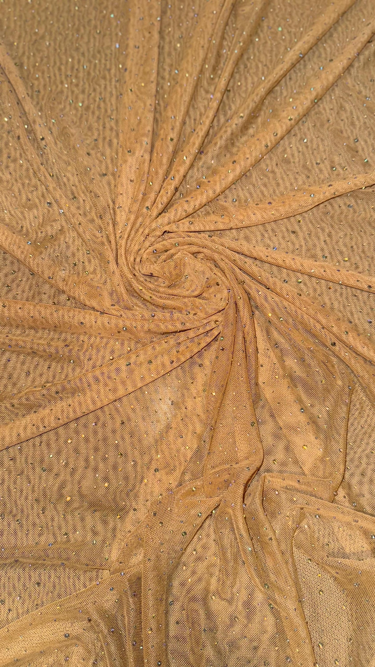 Luxury Dew Drops/Rhinestone on stretch Dk Nude  power mesh nylon spandex 4-way stretch 58/60” Sold by the YD.