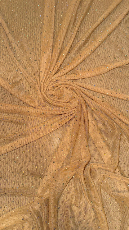 Luxury Dew Drops/Rhinestone on stretch Dk Nude  power mesh nylon spandex 4-way stretch 58/60” Sold by the YD.