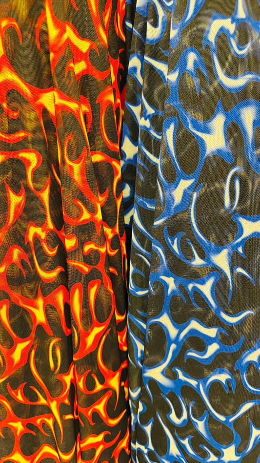 New modern fire flame design print on great quality of power mesh 4-way stretch 58/60” Sold by the YD. Ships Worldwide from Los Angeles CA.
