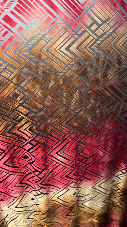 New burnout Ombre  Geometric design Bronze/Red color 4-way stretch 58/60” Sold by the YD. Ships worldwide from Los Angeles California USA.