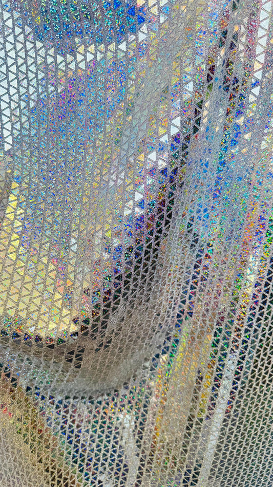 New Triangle Geometric Hologram sequins on metallic base non stretch 44/45" Sold by the YD. Ships worldwide from Los Angeles California USA
