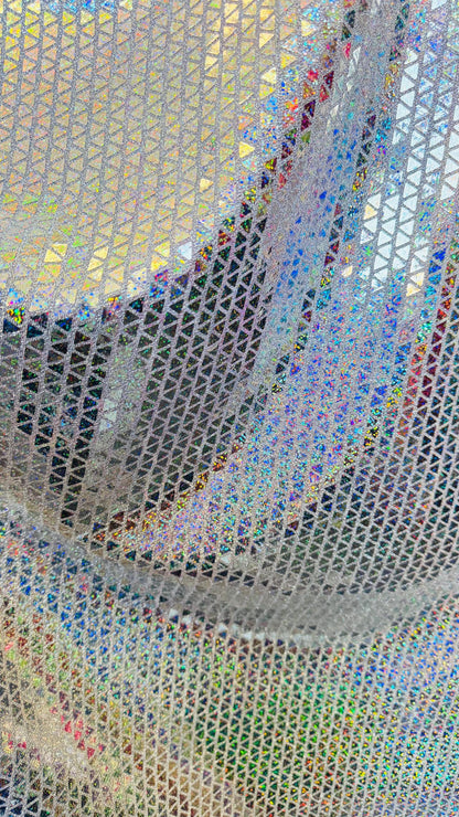 New Triangle Geometric Hologram sequins on metallic base non stretch 44/45" Sold by the YD. Ships worldwide from Los Angeles California USA