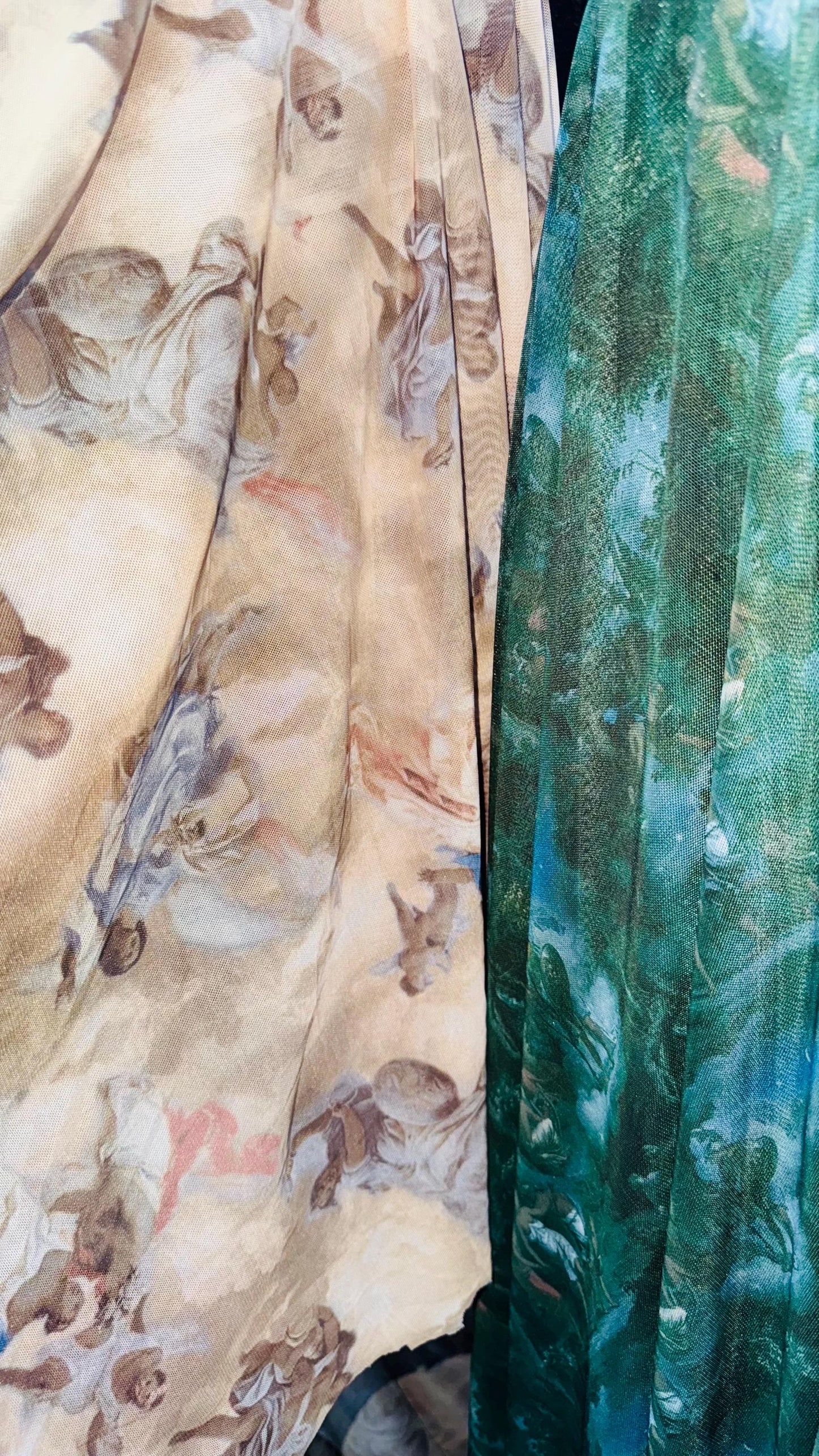 New Divine celestial Taupe and Hunter green color  print on great quality of nylon power mesh 4-way stretch 58/60” Sold by the YD.