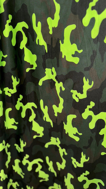 Camouflage design on great quality nylon spandex print 4way Stretch 64/65" Sold by the yd. Ships worldwide from Los Angeles California USA.