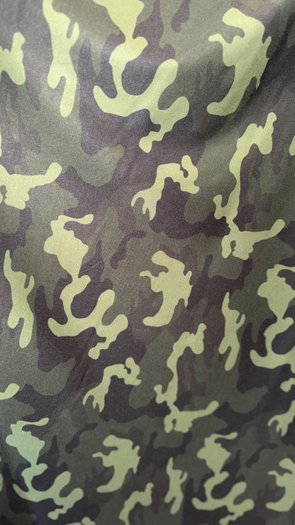 Camouflage design on great quality nylon spandex print 4way Stretch 64/65" Sold by the yd. Ships worldwide from Los Angeles California USA.