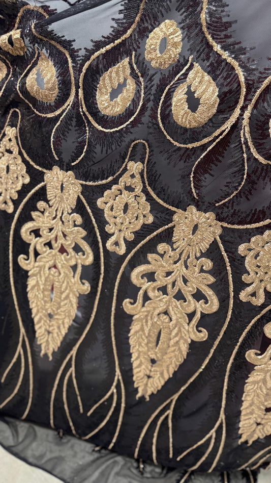 Royalty design Luxury embroidery sequins on stretch mesh 2-way stretch 54/55” Sold by the YD. Ships Worldwide from Los Angeles California US
