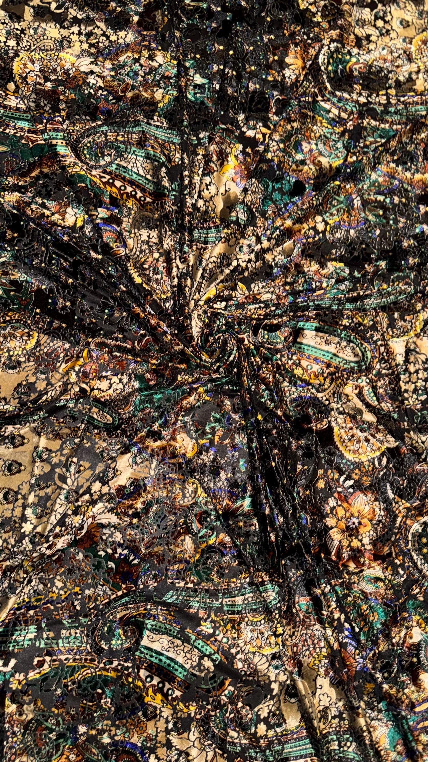 New Luxury paisley design print on burnout velvet Gold/Multicolor 4-way stretch 58/60” Sold by the YD. Ships Worldwide from Los Angeles CA