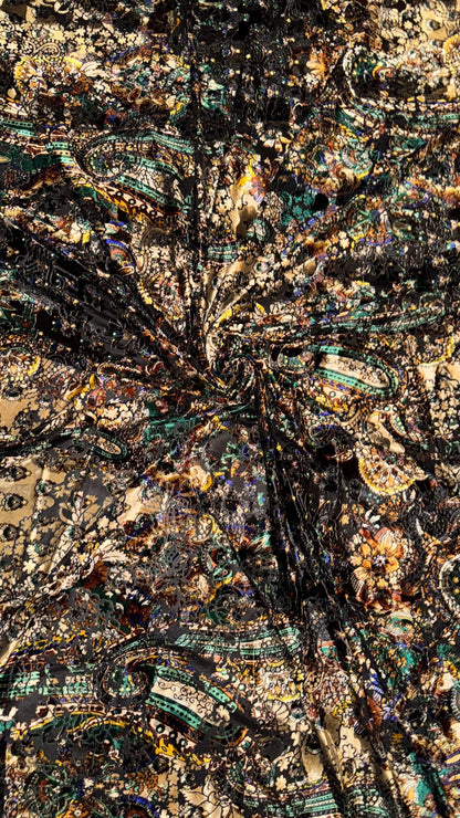 New Luxury paisley design print on burnout velvet Gold/Multicolor 4-way stretch 58/60” Sold by the YD. Ships Worldwide from Los Angeles CA