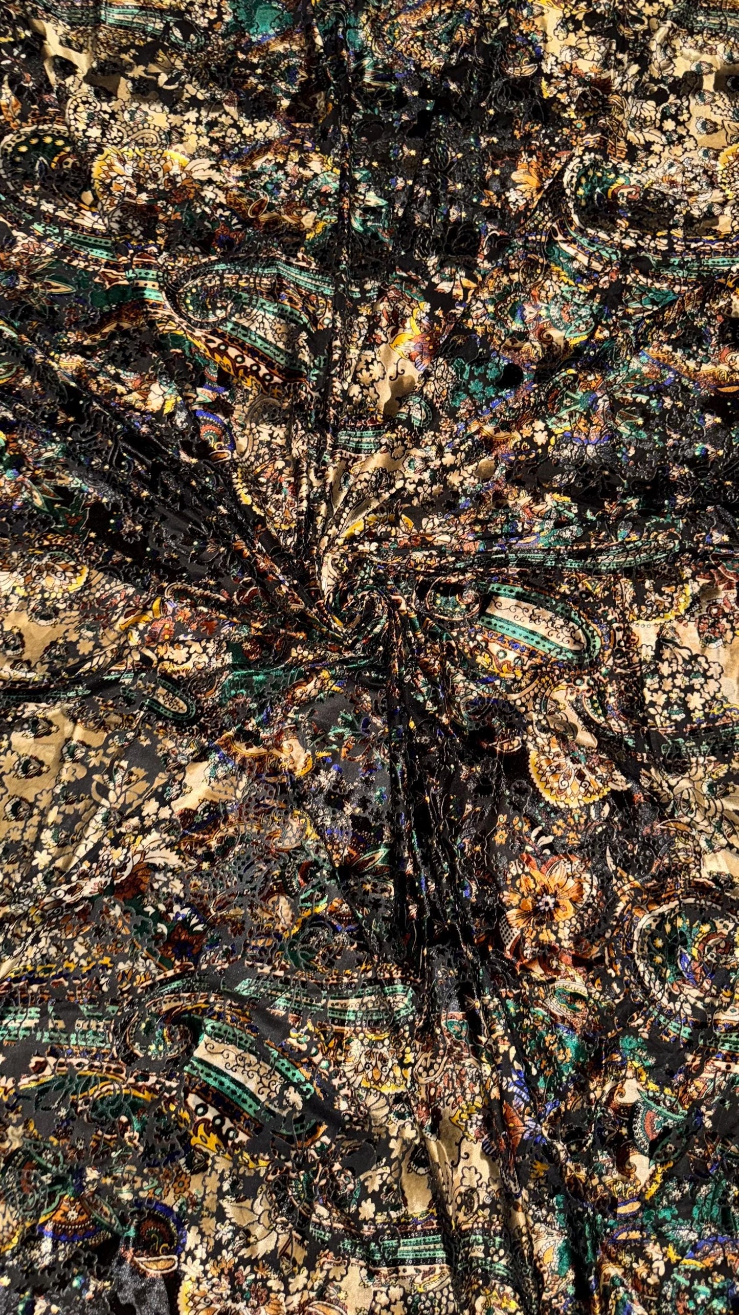 New Luxury paisley design print on burnout velvet Gold/Multicolor 4-way stretch 58/60” Sold by the YD. Ships Worldwide from Los Angeles CA
