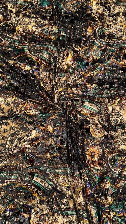 New Luxury paisley design print on burnout velvet Gold/Multicolor 4-way stretch 58/60” Sold by the YD. Ships Worldwide from Los Angeles CA