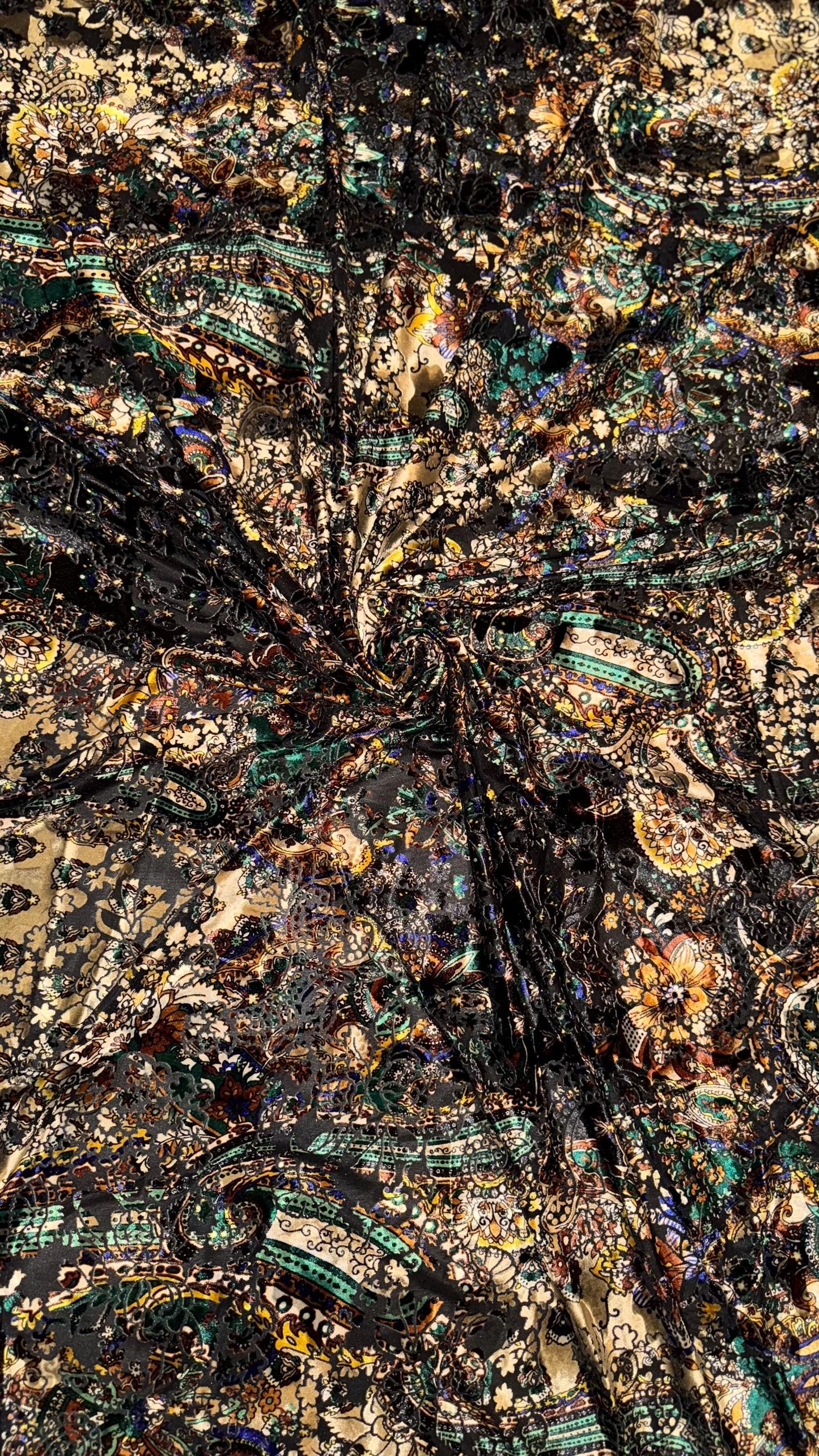 New Luxury paisley design print on burnout velvet Gold/Multicolor 4-way stretch 58/60” Sold by the YD. Ships Worldwide from Los Angeles CA