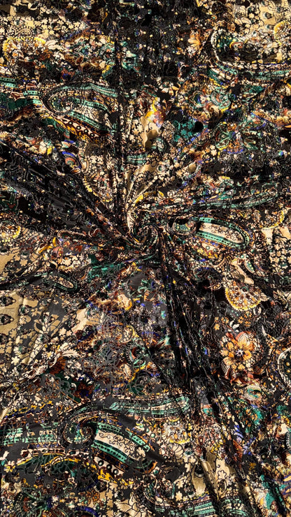 New Luxury paisley design print on burnout velvet Gold/Multicolor 4-way stretch 58/60” Sold by the YD. Ships Worldwide from Los Angeles CA