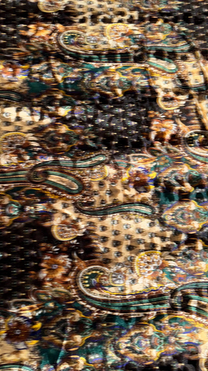 New Luxury paisley design print on stretch velvet Gold Multicolor 4-way stretch 58/60” Sold by the YD. Ships Worldwide from Los Angeles CA