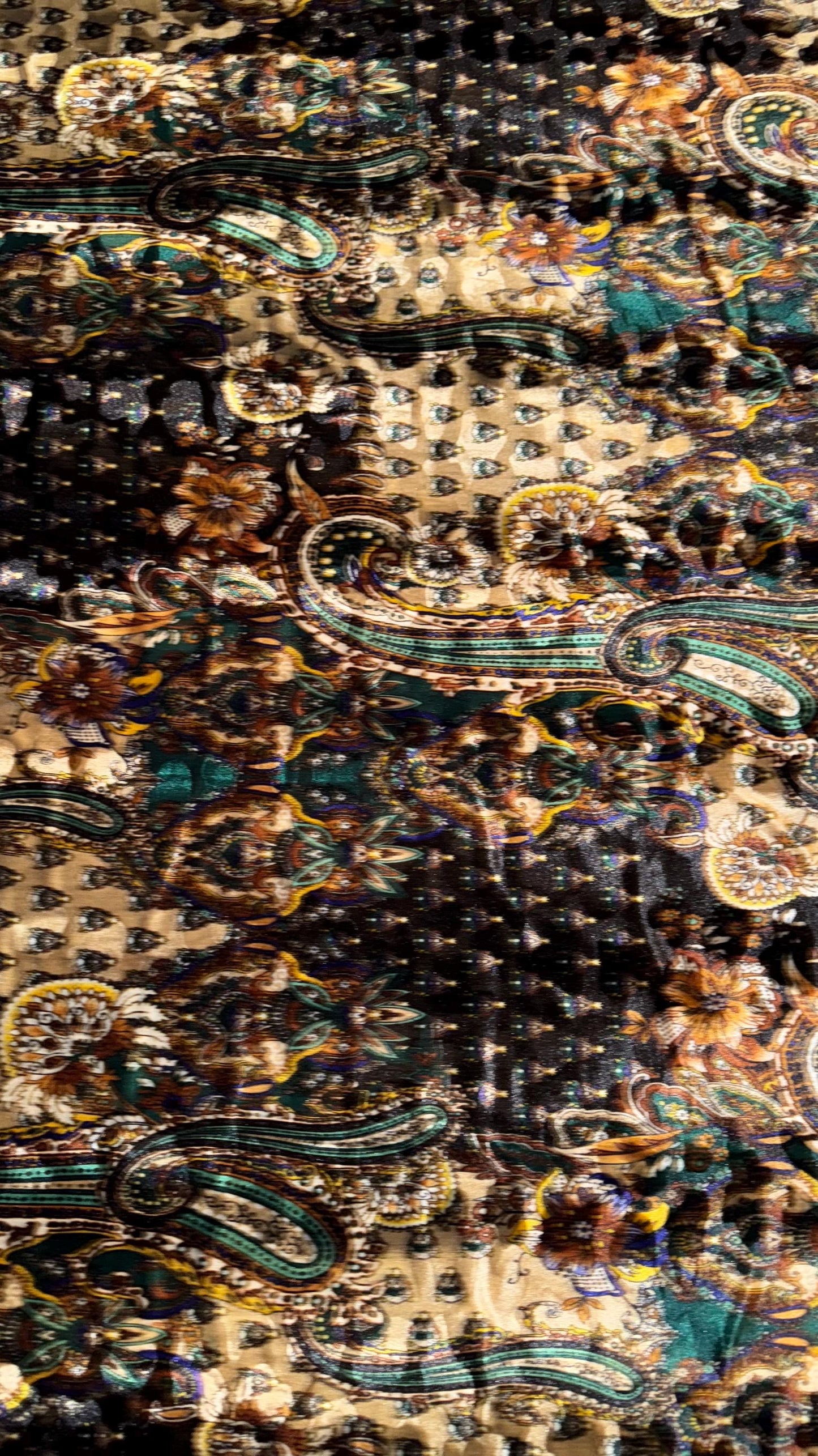 New Luxury paisley design print on stretch velvet Gold Multicolor 4-way stretch 58/60” Sold by the YD. Ships Worldwide from Los Angeles CA