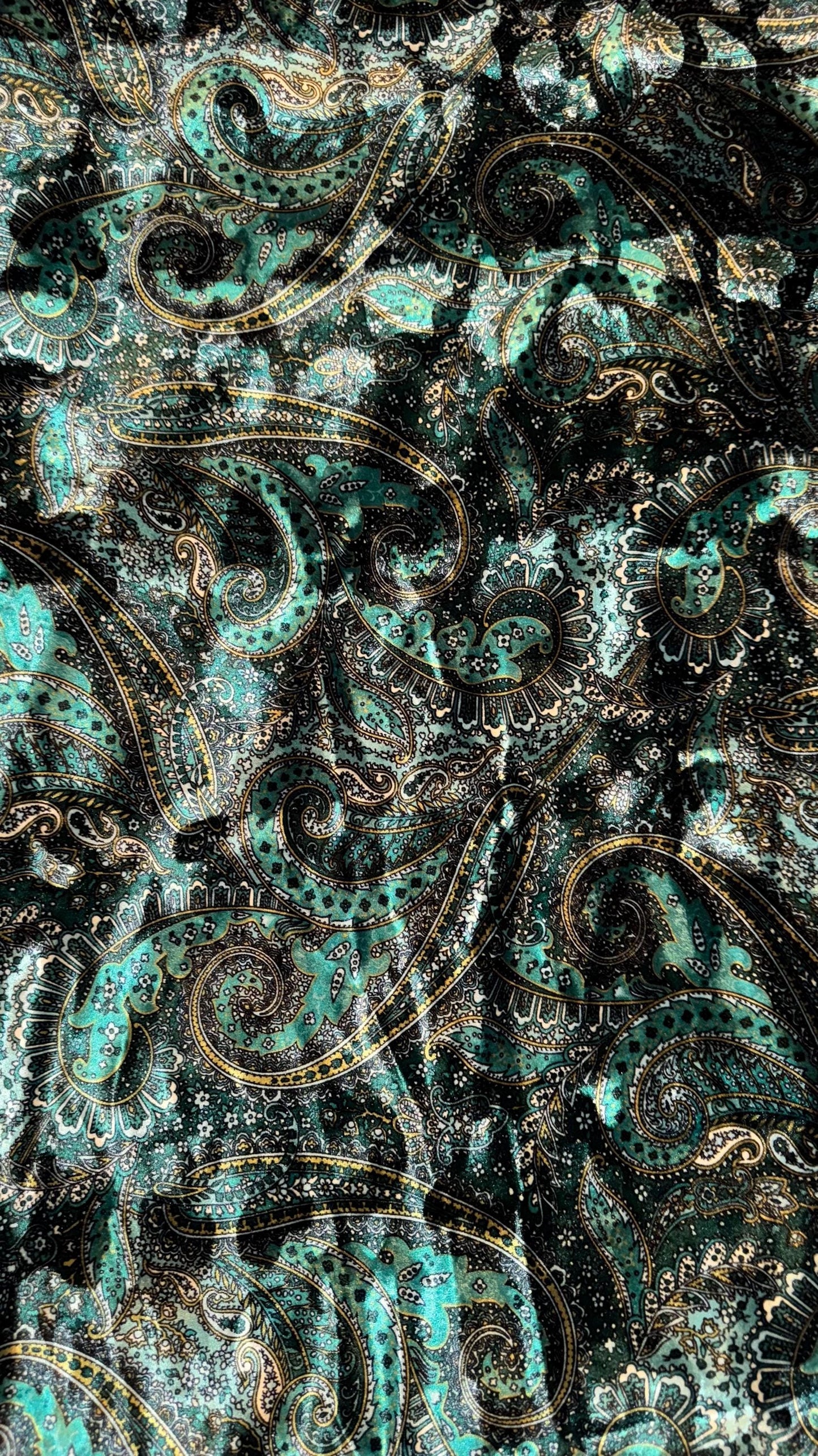 New Luxury Paisley design print on Stretch velvet peacock green and Blush red colors  4-way stretch 58/60” Sold by the YD. Ships Worldwide