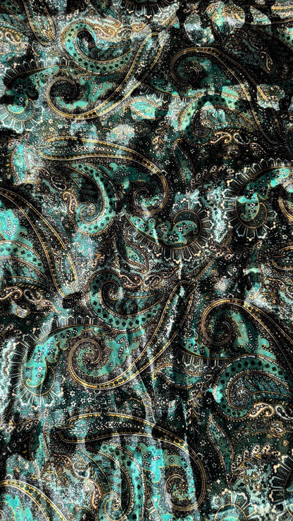 New Luxury Paisley design print on Stretch velvet peacock green and Blush red colors  4-way stretch 58/60” Sold by the YD. Ships Worldwide
