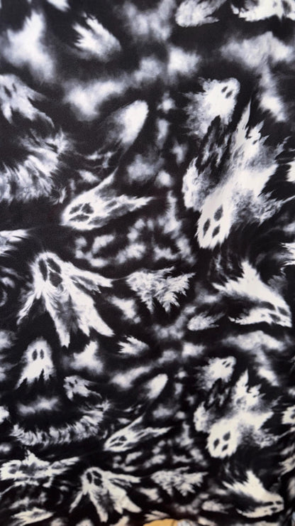 Ghost design print on best quality of nylon spandex and power mesh nylon spandex 4-way stretch 58/60” Sold by the YD. Ships worldwide
