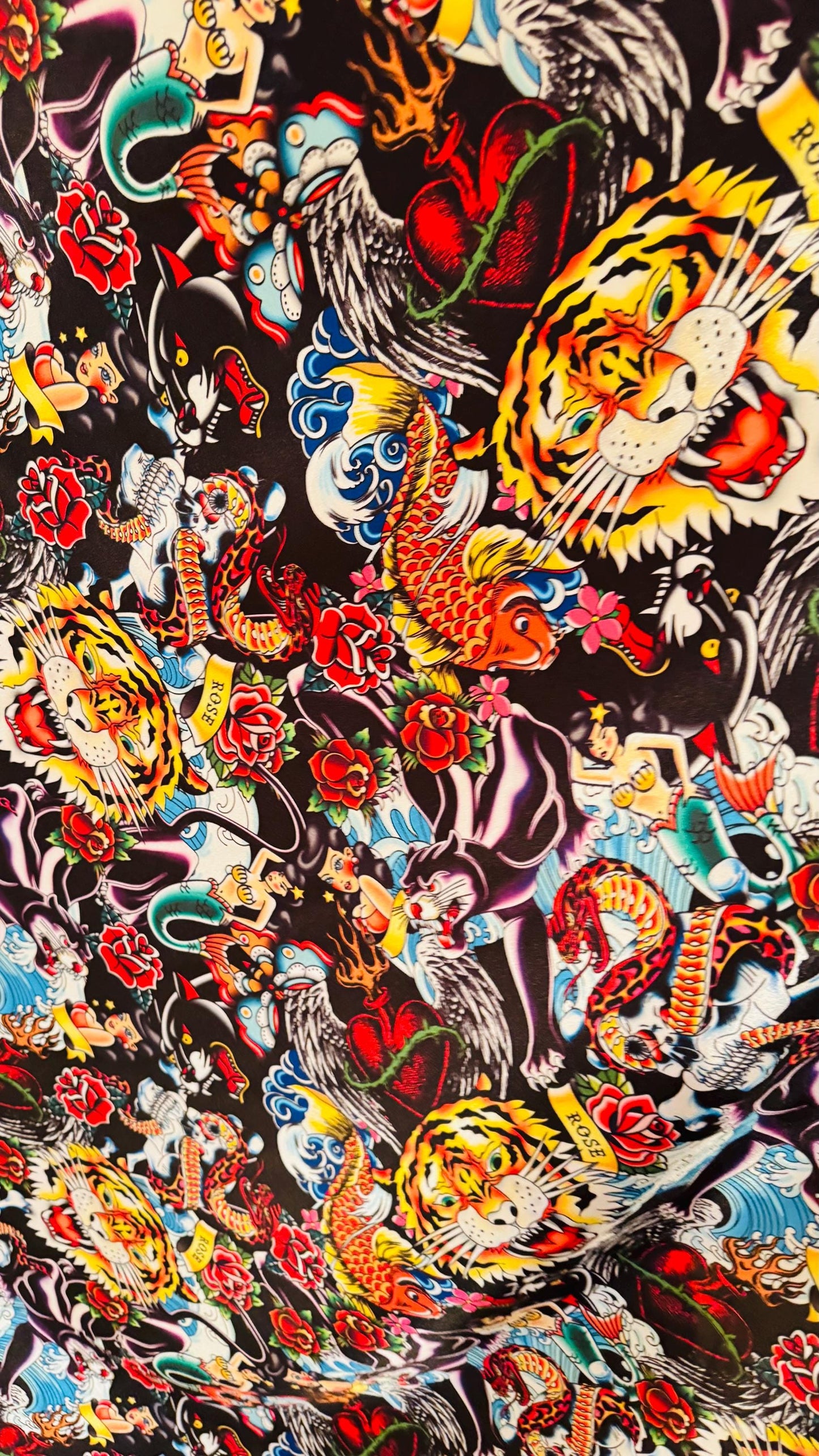 Deluxe Japanese Tattoo design print on Crepe Back Luxury satin non stretch  58/60” High Quality fabrics by AlexLAFabrics