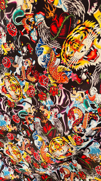 Deluxe Japanese Tattoo design print on Crepe Back Luxury satin non stretch  58/60” High Quality fabrics by AlexLAFabrics