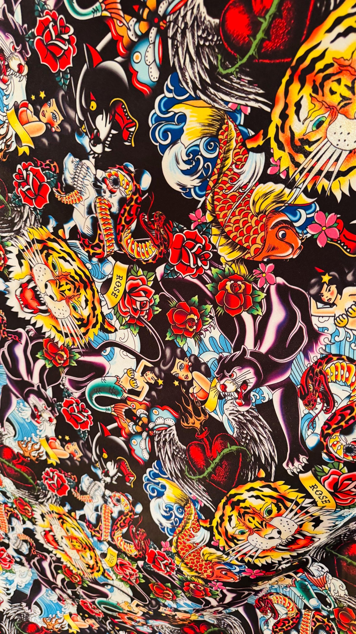 Deluxe Japanese Tattoo design print on Crepe Back Luxury satin non stretch  58/60” High Quality fabrics by AlexLAFabrics
