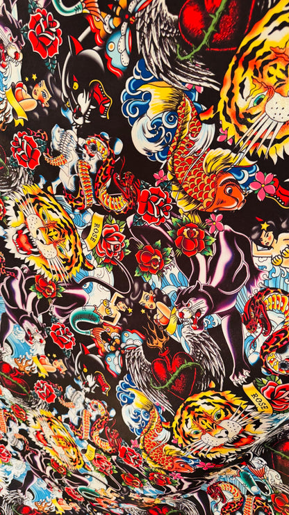 Deluxe Japanese Tattoo design print on Crepe Back Luxury satin non stretch  58/60” High Quality fabrics by AlexLAFabrics