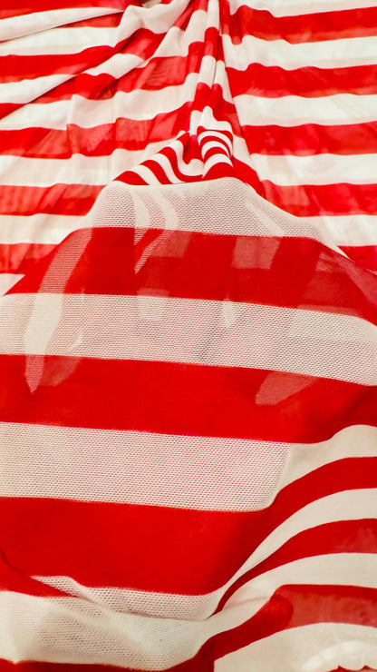 Stripes design 1” size Red/White print on power mesh 4-way stretch 58/60” Sold by the YD. Ships Worldwide from Los Angeles California USA.