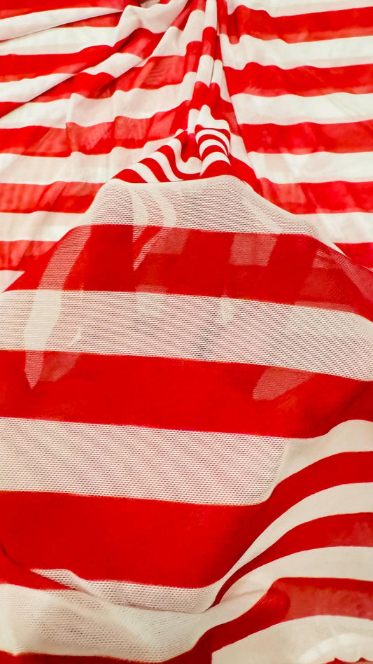 Stripes design 1” size Red/White print on power mesh 4-way stretch 58/60” Sold by the YD. Ships Worldwide from Los Angeles California USA.
