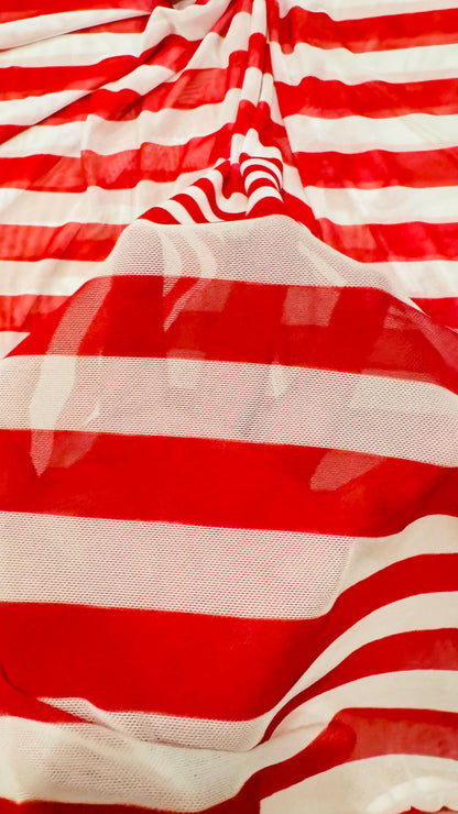 Stripes design 1” size Red/White & Black/White print on power mesh 4-way stretch 58/60” Sold by the YD. Ships Worldwide from Los Angeles CA